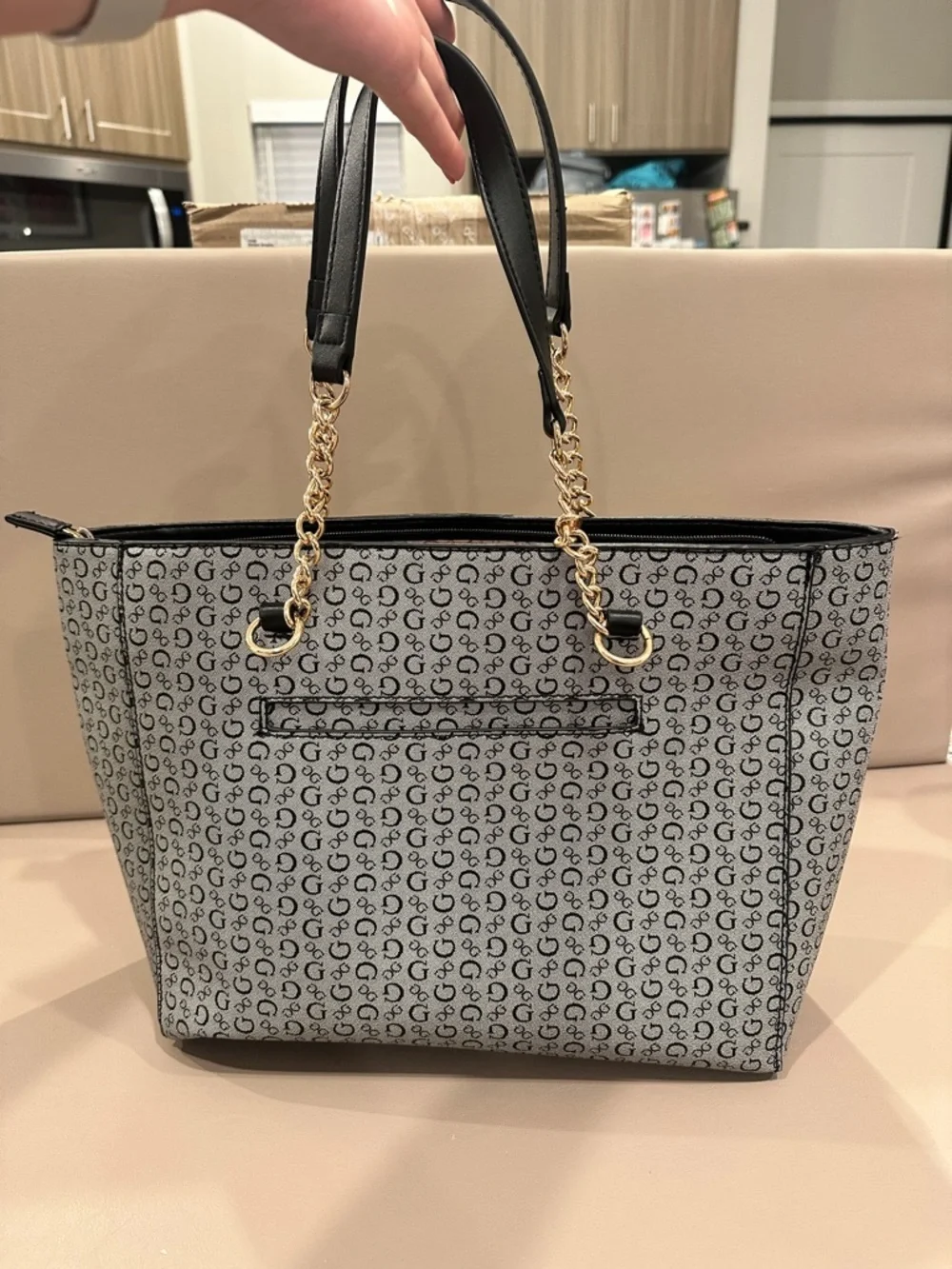 GUESS Black and Gray Logo Stripe Tote with Gold Chain Accents - Picture 6 of 8